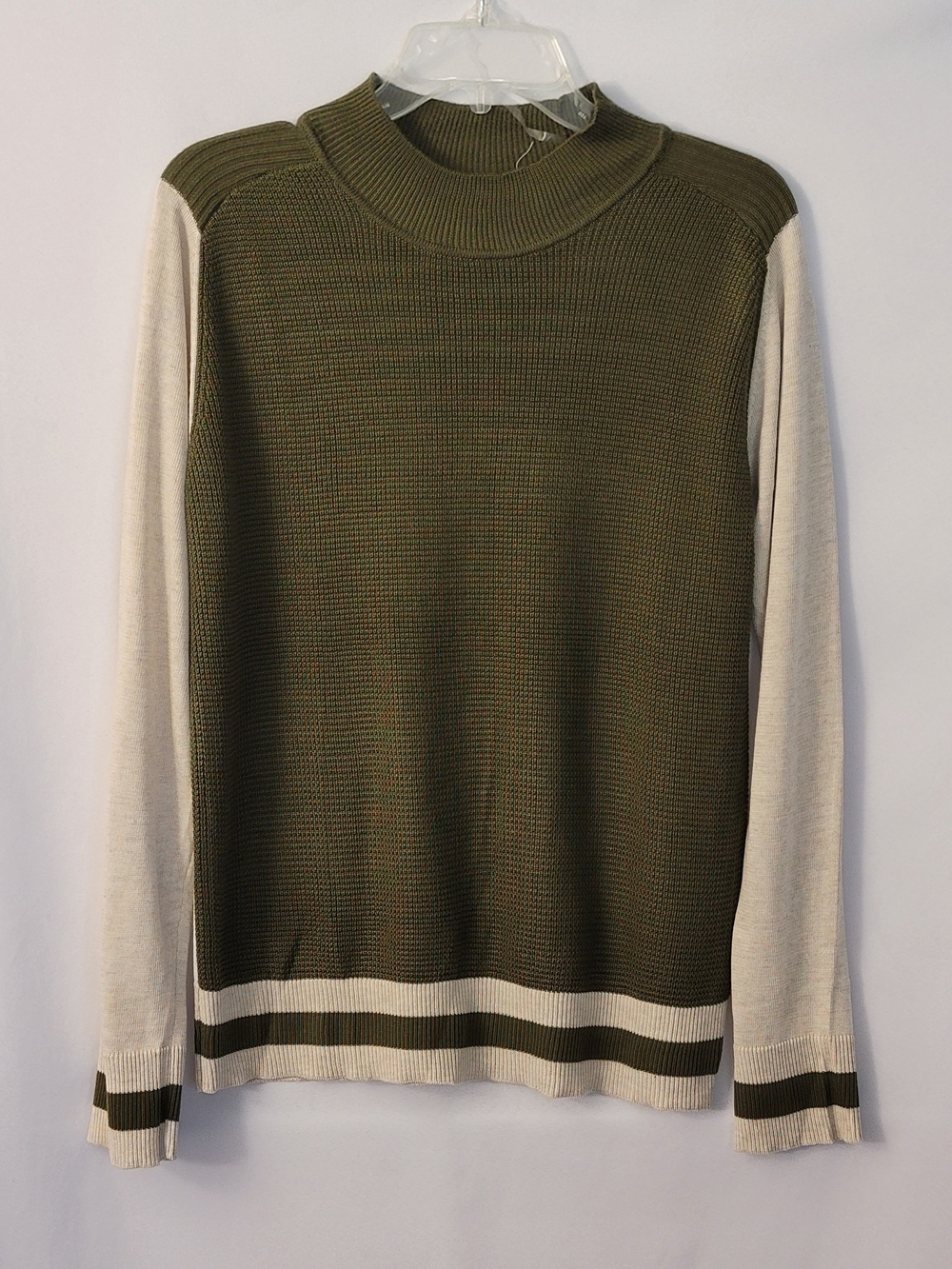 Poof Apparel Olive & Cream Crewneck Sweater w/Contrast Sleeves Size L